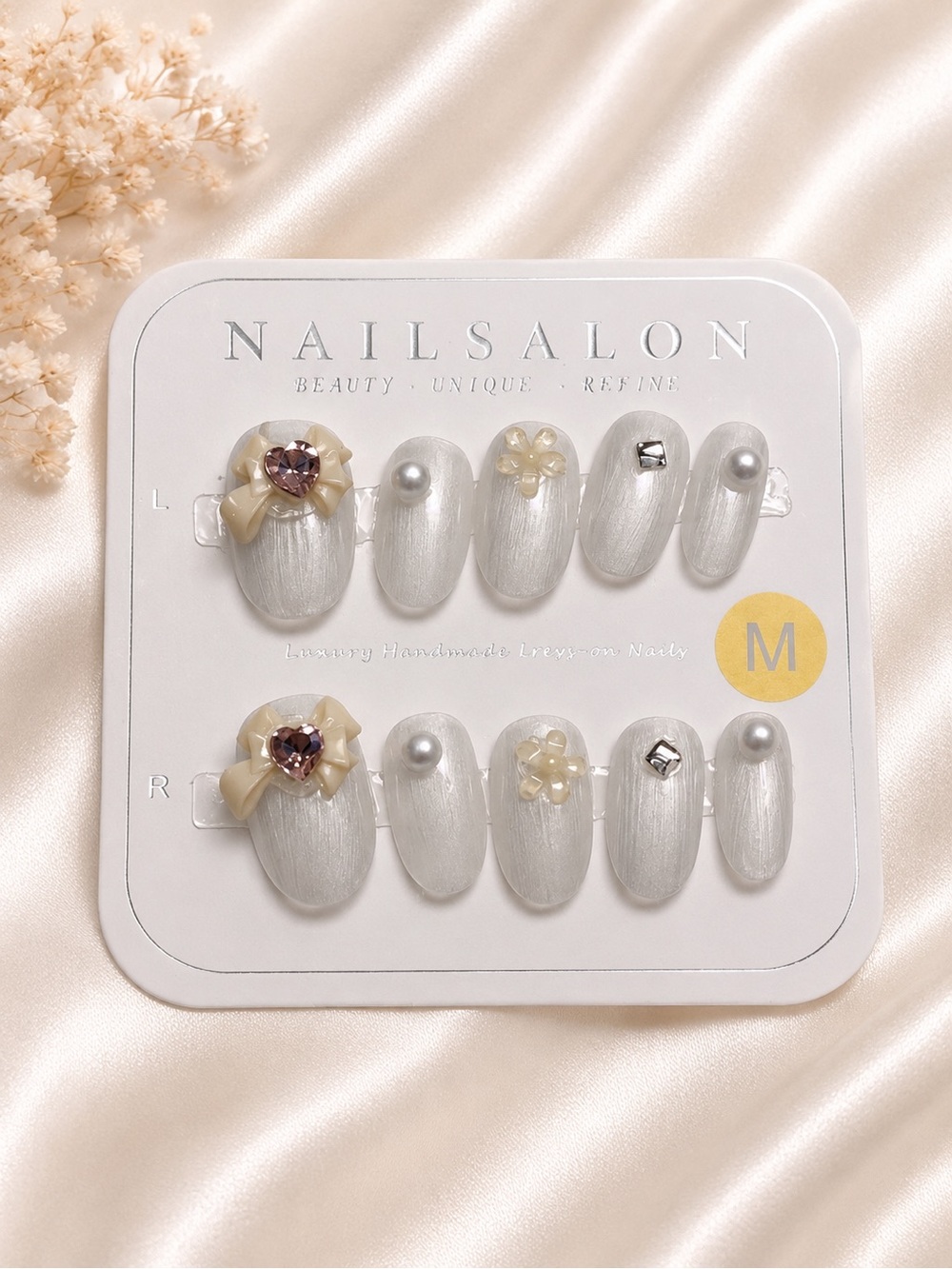 Pearl White Bridal Press-On Nail Set with Pink Heart Accent size medium